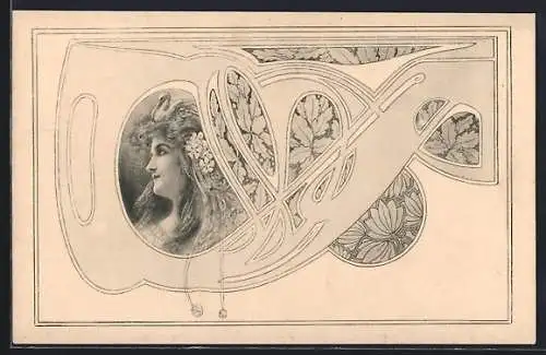 Künstler-AK M.Munk: Ein Mädchen mit Blumen im Haar, Ornament