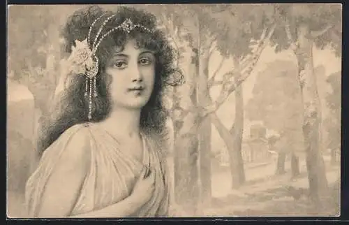 Künstler-AK M.Munk, hübsches Mädchen mit Blume & Schmuck im Haar