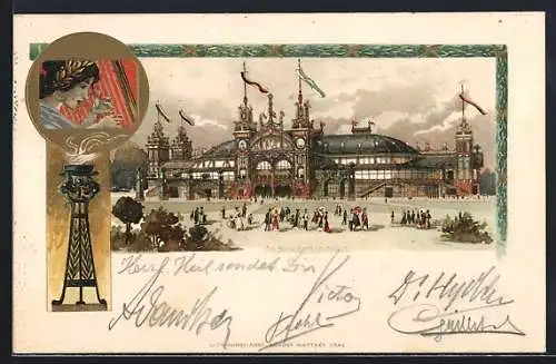 Lithographie Österreich, die festlich geschmückte Sängerfest-Halle, Harfenspielerin und eine ewige Flamme