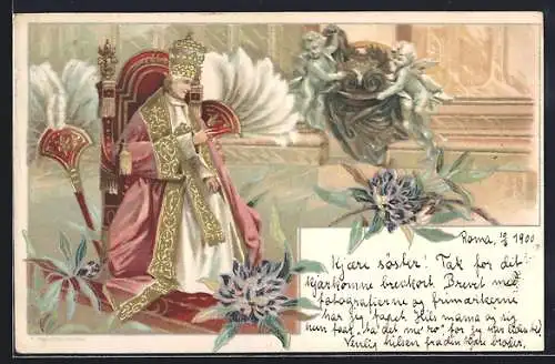 AK Papst Leo XIII. auf Stuhl sitzend und Blumen