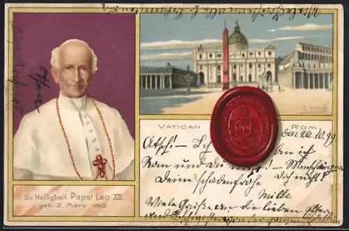 AK Vatikan, Petersplatz mit Petersdom, Portrait von Papst Leo XIII.