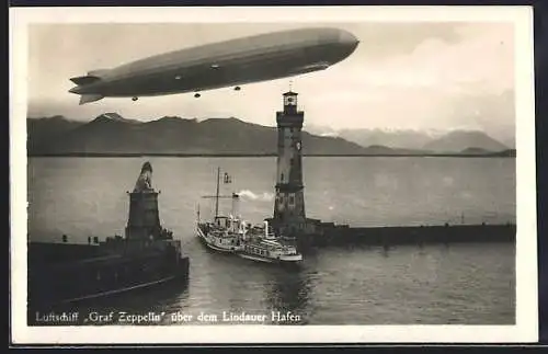 AK Lindau, Luftschiff LZ 127 Graf Zeppelin über dem Hafen, Dampfer