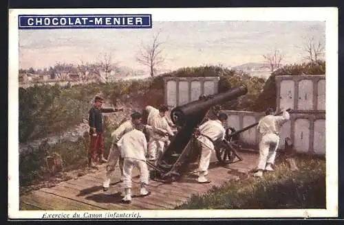 AK Exerzieren an der Kanone, Reklame für Chocolat-Menier