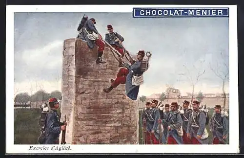 AK Französische Armee übt das Überqueren von Steinmauern, Reklame für Chocolat-Menier