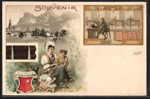 Lithographie Schwyz, Werbung für Suchard-Schokolade, Mutter mit Kindern, Ortsansicht