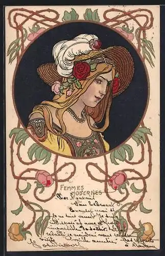 AK Dame mit Hut im Jugendstil