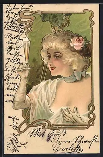 AK Junge Frau mit Sektglas, Jugendstil