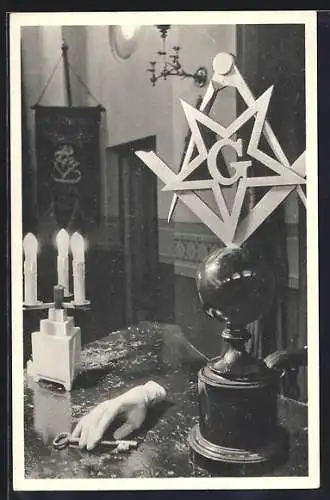 AK Namur, Intérieur de la loge La Bonne Amitié, Freimaurer