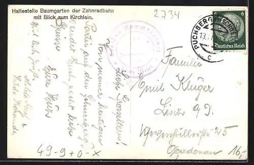 AK Schneeberg, Haltestelle Baumgarten der Zahnradbahn mit Blick zum Kirchlein