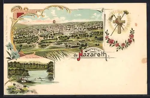 Lithographie Nazareth, Panorama, Vue du Jourdain