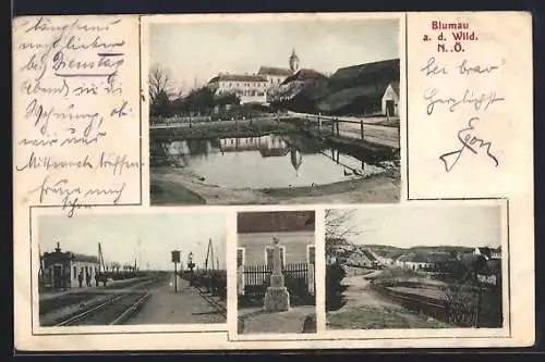 AK Blumau a. d. Wild, Bahnhof, Ortspartie und Kriegerdenkmal