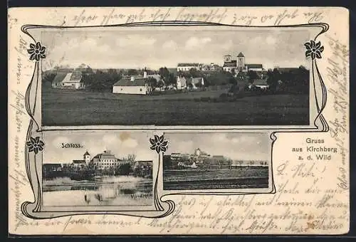 AK Kirchberg a. d. Wild, Schloss und Ortsansicht im Blumen-Passepartout