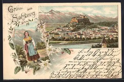 Lithographie Salzburg, Trachtenmädel, Edelweiss, Ortsansicht