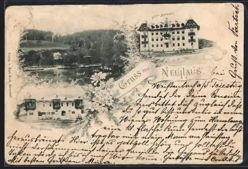 AK Weissenbach an der Triesting, Gruss aus Neuhaus, Hotel Stephanie, Hotel Neuhaus und Teichpartie