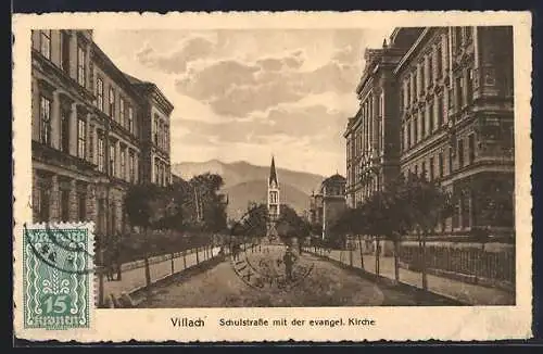 AK Villach, Schulstrasse mit der evangel. Kirche