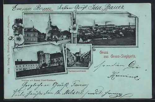 AK Gross-Siegharts, Schloss mit Kaiser Josef-Denkmal, Hauptplatz, Karlsteinerstrasse