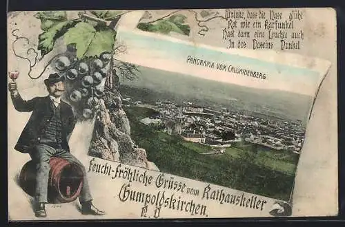 AK Gumpoldskirchen /N. Ö., Rathauskeller, Panorama vom Calvarienberg, Mann auf Weinfass