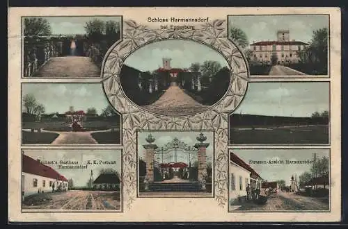 AK Burgschleinitz-Kühnring, Harmannsdorf b. Eggenburg, Manharts Gasthaus, K. K. Postamt, Schloss