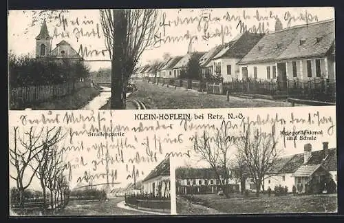 AK Klein-Höflein b. Retz, Kriegerdenkmal, Schule, Kirche, Strassenpartie