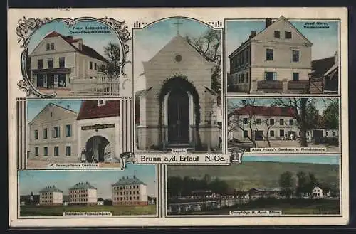 AK Brunn a. d. Erlauf, M. Baumgartners Gasthaus, Alois Prischls Gasthaus u. Fleischhauerei, Dampfsäge H. Munk Söhne