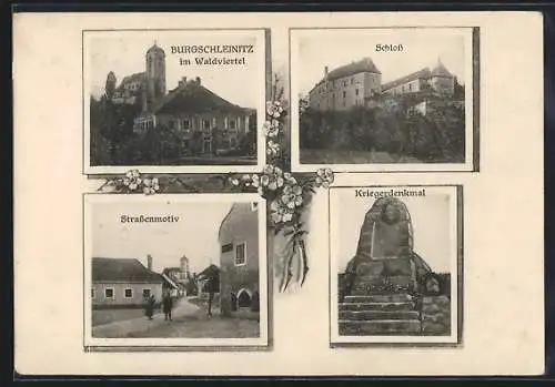 AK Burgschleinitz, Strassenmotiv, Kriegerdenkmal & Schloss