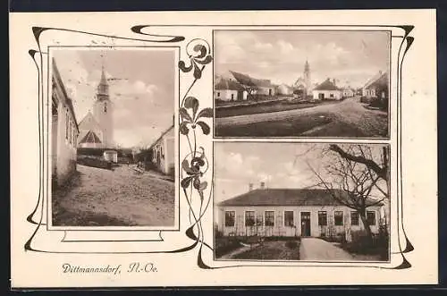 AK Brunn an der Wild, Dietmannsdorf, Kirche, Ortspartie, Haus mit Garten