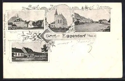 AK Hollabrunn, Eggendorf im Thale, Schule und Kirche, Platz mit Pfarrhof und Rohringers Gasthaus