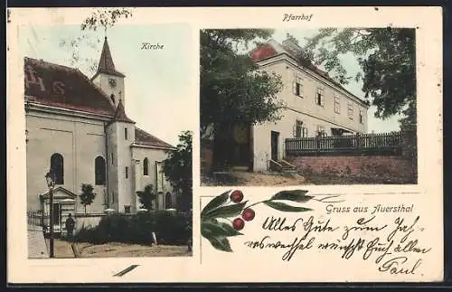 AK Auersthal, Ansichten von Kirche und Pfarrhof