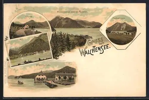 Lithographie Walchensee, Klösterl, Eschenbach