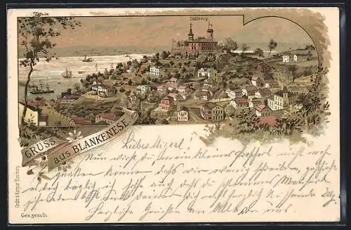 Lithographie Hamburg-Blankenese, Blick zum Süllberg