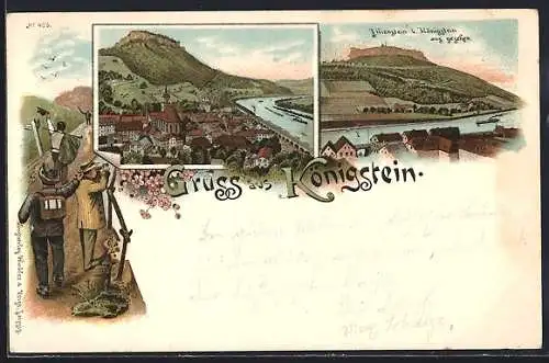 Lithographie Königstein / Elbe, Ortsansicht aus der Vogelschau, Lilienstein, Wanderer