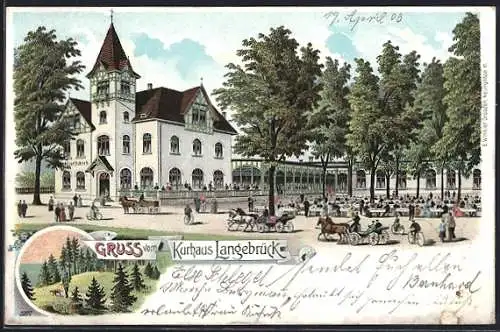 Lithographie Langebrück, Kurhaus mit Kutschen und Kurgästen, Waldlichtung mit Jäger und Hund