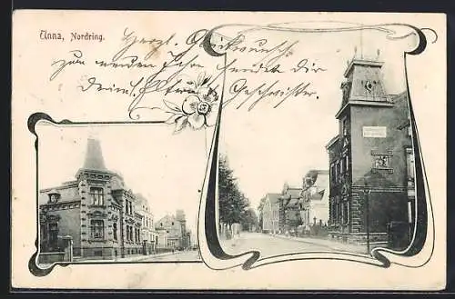 AK Unna i. Westf., Partie am Nordring mit Bildhauerei Ed. Naust und Sparkasse