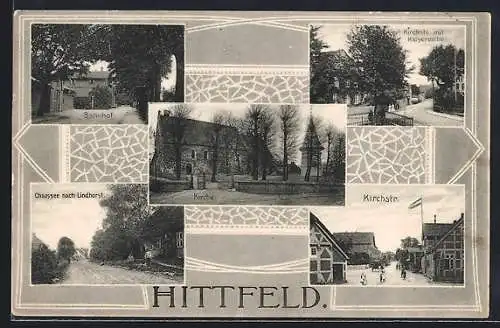 AK Hittfeld, Bahnhof, Kirchstrasse mit Kaisereiche, Chaussee nach Lindhorst