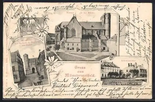 AK Münstermaifeld, Gasthaus zur Sonne am Marktplatz mit Rathaus, Lehrerseminar, Hintere Ansicht der Kirche