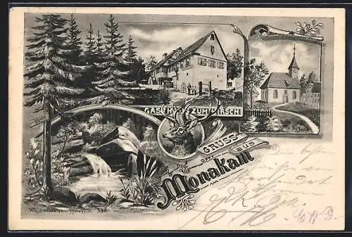 Künstler-AK Monakam, Gasthaus zum Hirsch, Ortskirche