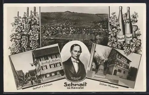 Lithographie Schnait / Remstal, Gasthof zum Ochsen, Silcher-Museum, Totalansicht vom Flugzeug aus
