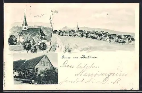 Lithographie Berkheim / Esslingen, Kirche, Haus und Ortsausblick
