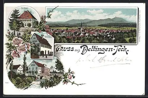 Lithographie Dettingen /Teck, Kunstmühlen-Partie mit Brücke und Wehr, Schloss, Rathaus, Gesamtansicht