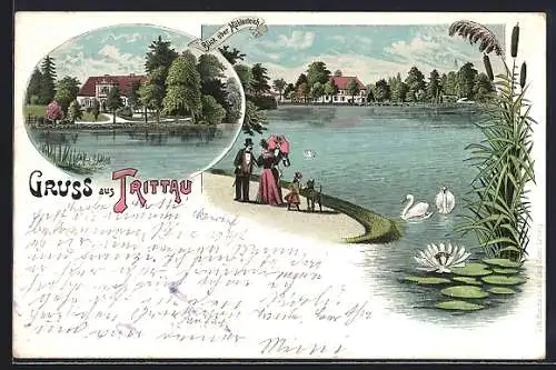 Lithographie Trittau, Blick über Mühlenteich, Ortsansicht