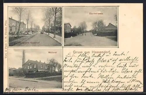 AK Hassendorf, Krippels Gasthof, Partie in der Dorfstrasse, Meierei