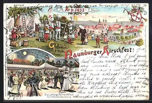 Lithographie Naumburg / Saale, Naumburger Kirschfest 1432, Wappen und Festplatz