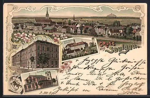 Lithographie Saulgau, Schullehrer Seminar, Turnhalle, Kloster Siessen