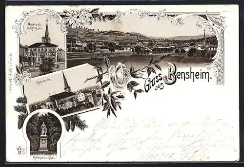 Lithographie Bensheim, Marktplatz mit Rathaus, Kriegerdenkmal, Kath. Kirche