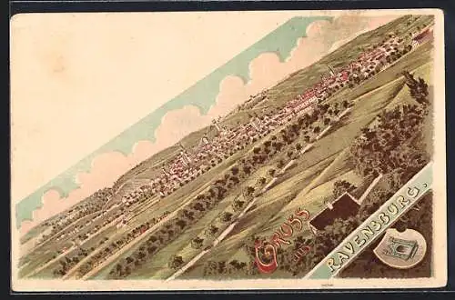 Lithographie Ravensburg / Württ, Ortsansicht aus der Vogelschau und Wappen