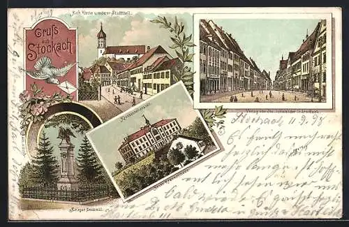 Lithographie Stockach, Krieger-Denkmal, Krankenheilanstalt, Kath. Kirche