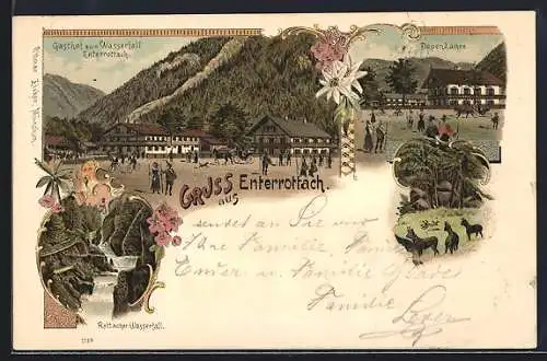 Lithographie Enterrottach, Gasthof zum Wasserfall, Dependance & Wasserfall