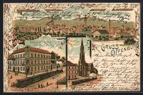 Lithographie Offenburg, Gasthaus Rheinischer Hof, Bes. Wilh. Dold, Kirche, Strassenbahn Riedbahn