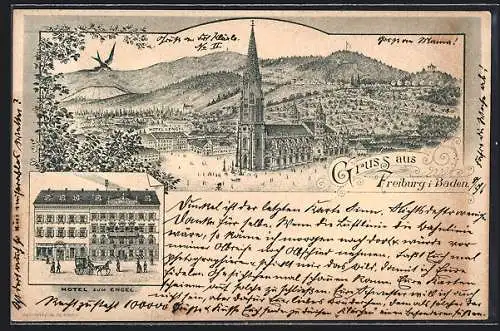 Lithographie Freiburg i. Baden, Hotel zum Engel, Blick auf den Münster