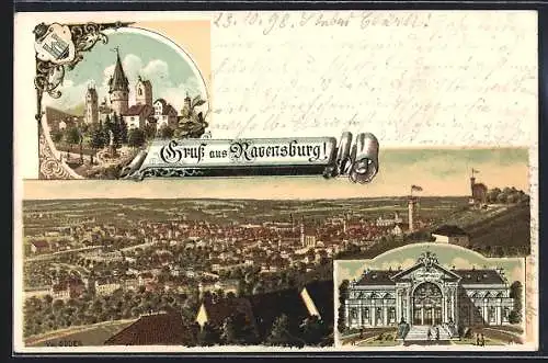 Lithographie Ravensburg, Totalansicht, Konzerthaus, Burg